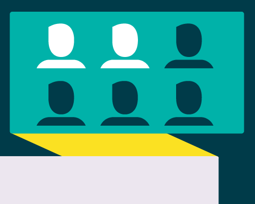 An illustrated graphic. In the centre of the graphic is two rows of three silhouettes of people. The first two in the top row of three are in white. The remaining four are in dark teal. These silhouettes sit on an illustrated banner. The banner is light teal, yellow and white. This sits against a dark teal background
