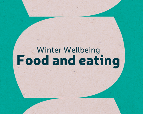 A graphic showing three off white stacked oval shapes on a light teal background. In the centre of the middle oval is the wording 'Winter Wellbeing' and 'Food and eating' in dark teal.