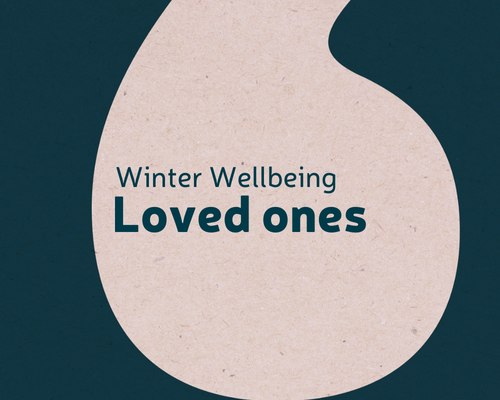 A graphic of an off white quotation mark on a dark teal background. In the middle of the quotation mark is the wording 'Winter Wellbeing' and 'Loved ones' in dark teal. 