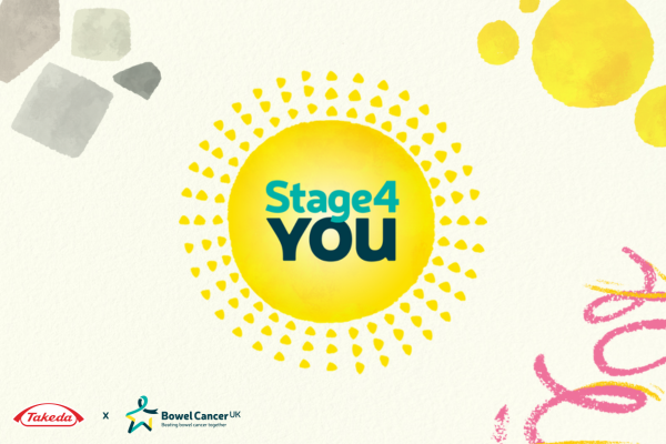 A illustrated graphic showing the Stage4You logo. In the centre of the graphic is a yellow illustrated sun with the words 'Stage4' in light teal and 'You' in dark teal. In the top right hand corner are four yellow circles in varying sizes. In the bottom right corner are yellow and pink swirly lines. In the top left corner are four grey squares in different shapes and sizes. In the bottom left hand corner are the Takeda UK and Bowel Cancer UK logos. The background is off white with a slight papery texture.