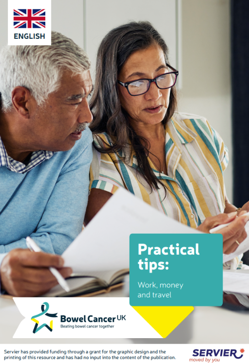 Features a mature couple reviewing documents, symbolising guidance and support. Text on the cover reads: 'Practical tips: work, money, and travel'