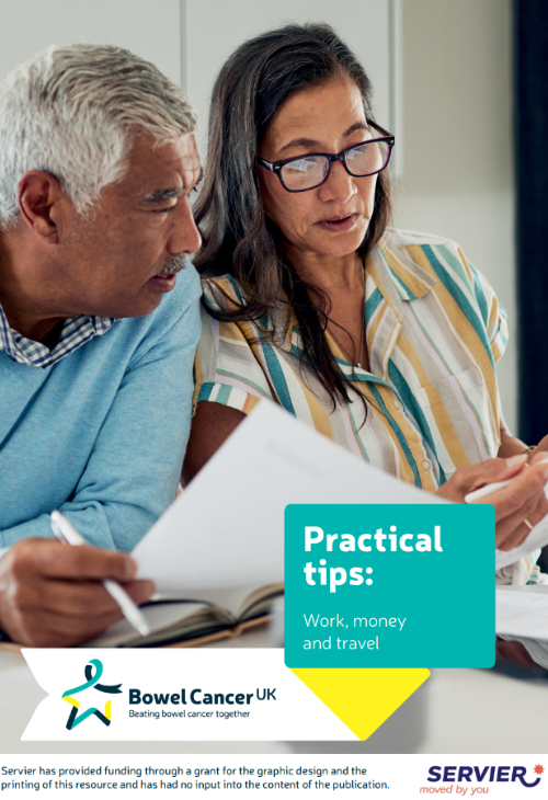 Features a mature couple reviewing documents, symbolising guidance and support. Text on the cover reads: 'Practical tips: work, money, and travel'