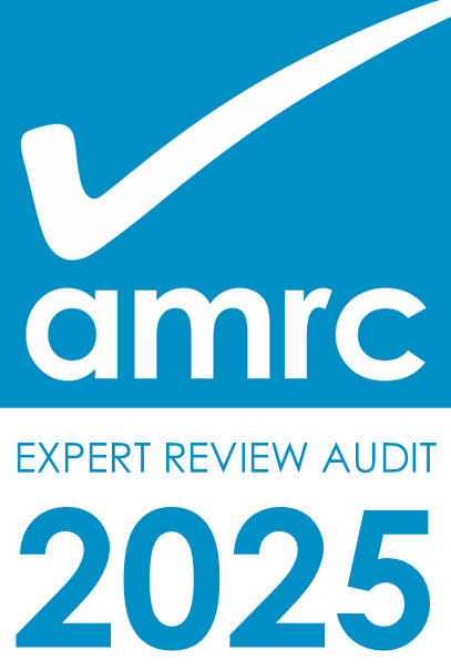 The AMRC logo, with the words 'Expert Review Audit' and '2025' in blue below it. The logo is a blue square with a large white tick on it. Below the tick is 'amrc' in white.