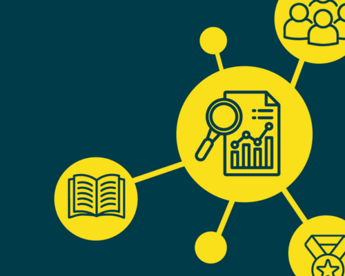A graphic of some yellow bubbles connected with yellow lines. In the bubbles with dark teal lines are drawings of a magnifying glass and a paper with a graph in one, another is an open book, another is a medal and one is a group of people. There are also some smaller bubbles which have nothing drawn in them. The whole thing has a dark teal background.