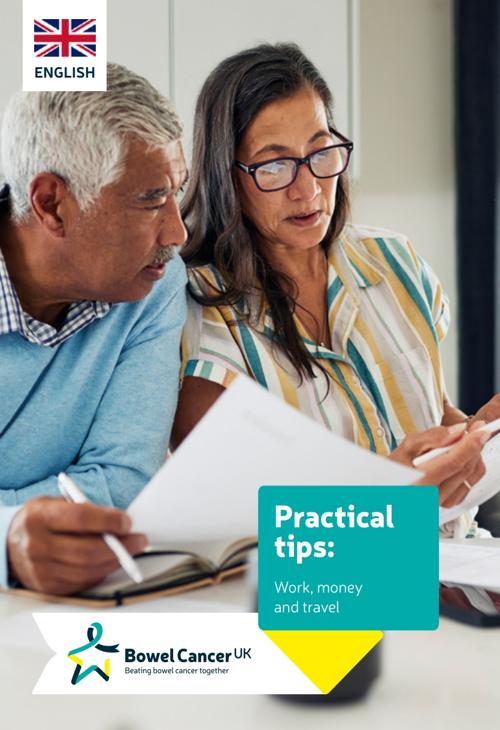 Features a mature couple reviewing documents, symbolising guidance and support. Text on the cover reads: 'Practical tips: work, money, and travel'