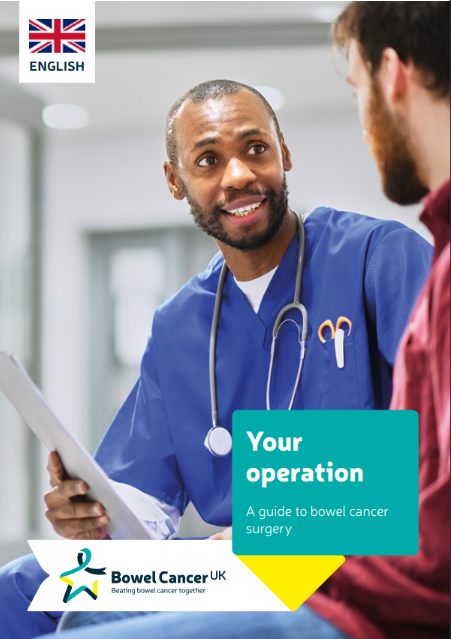 A male doctor is talking to a patient whilst holding a paper document. The words ' Your operation: A guide to bowel cancer surgery' are written on the cover. The Bowel cancer logo and tag line ' Beating bowel cancer together' are also visiible.