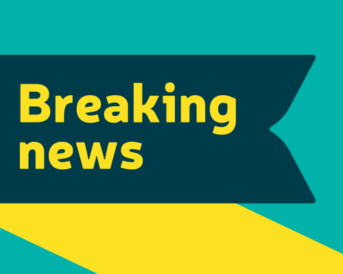 A graphic of a banner coming up from the bottom right hand corner and folding back in the centre of the image. The banner is yellow on the diagonal up to the centre, and then when it turns over in the centre it is dark teal with the words 'Breaking news' on it in yellow. The background for the graphic is light teal.